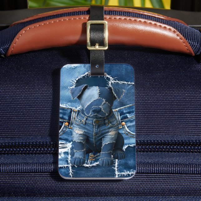 Dog Patchwork Art Denim Luggage Tag (Front Insitu 2)