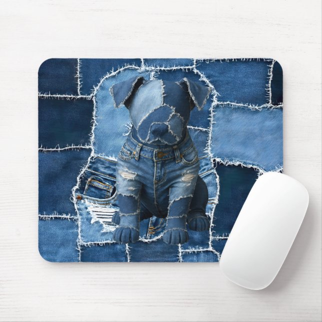 Dog Patchwork Art Denim Mouse Pad (With Mouse)