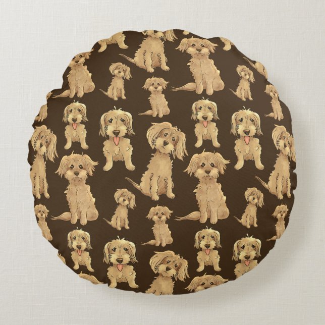 Dog Pattern Brown labradoodle goldendoodle Round Pillow (Front)