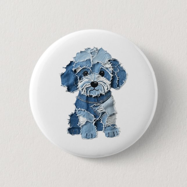 Dog Pattern Denim Patchwork Art  2 Inch Round Button (Front)