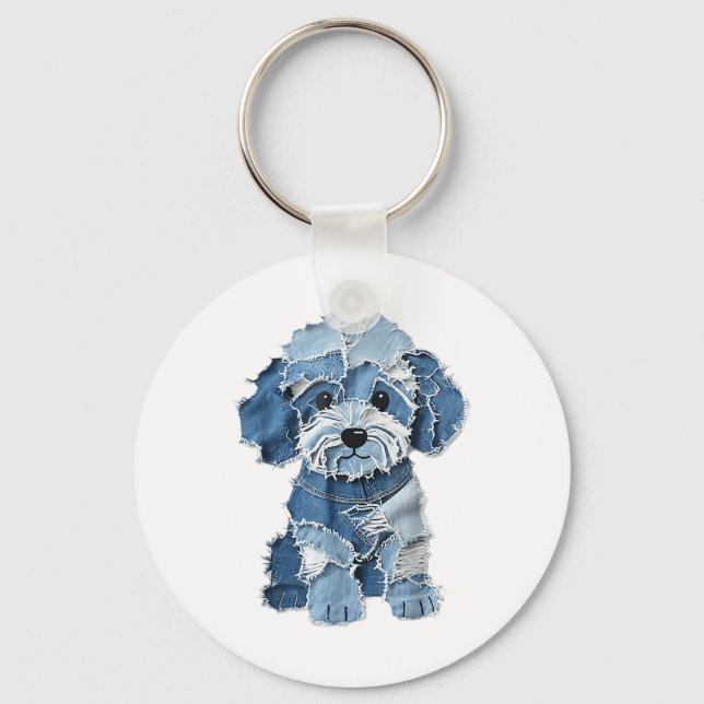 Dog Pattern Denim Patchwork Art  Keychain (Front)