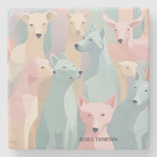 Dog Pattern Pastel Colours Minimalist Illustration Stone Coaster (Front)