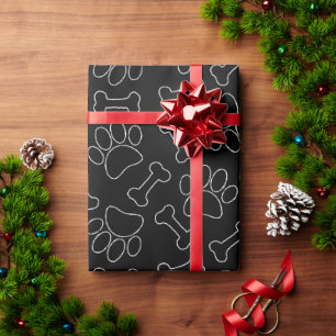 Dog Paw And Bones Drawing Pattern Custom Black Wrapping Paper