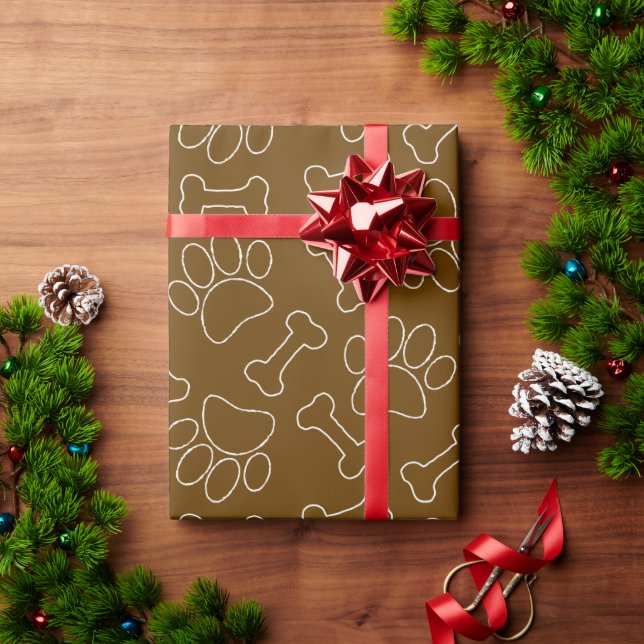 Dog Paw And Bones Drawing Pattern Custom Brown Wrapping Paper (Holiday Gift)