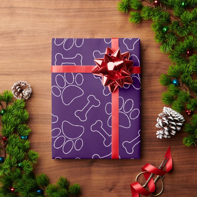 Dog Paw And Bones Drawing Pattern Custom Purple Wrapping Paper (Holiday Gift)