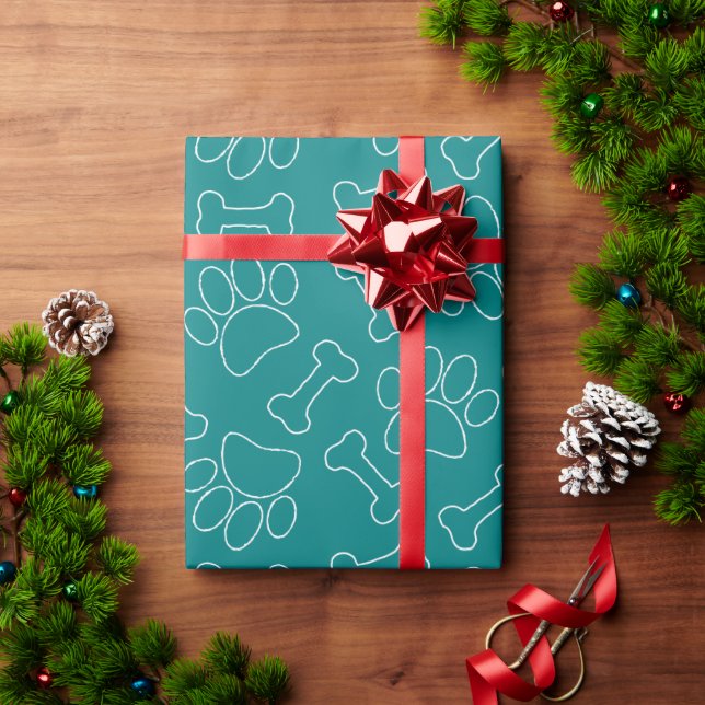 Dog Paw And Bones Drawing Pattern Custom Teal  Wrapping Paper (Holiday Gift)