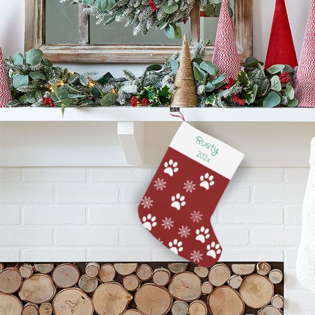 Dog paw and snow flakes Christmas Modern Red  Small Christmas Stocking (Creator Uploaded)