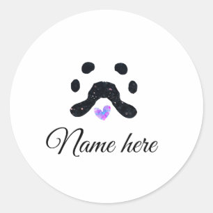 Dog paw black pet add name text animal paw photo classic round sticker