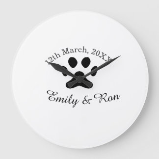 Dog paw black pet wedding couple name date romanti large clock