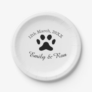 Dog paw black pet wedding couple name date romanti paper plate