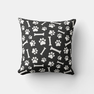 Dog Paw & Bones Pattern - Inverted Black & White Throw Pillow