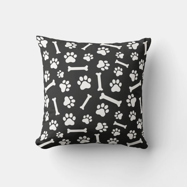 Dog Paw & Bones Pattern - Inverted Black & White Throw Pillow (Front)