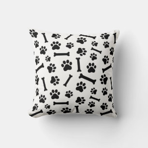Dog Paw & Bones Seamless Pattern - Black & White Throw Pillow
