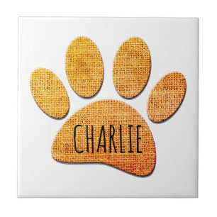 Dog Paw Burlap Aged Print Custom Name Tile
