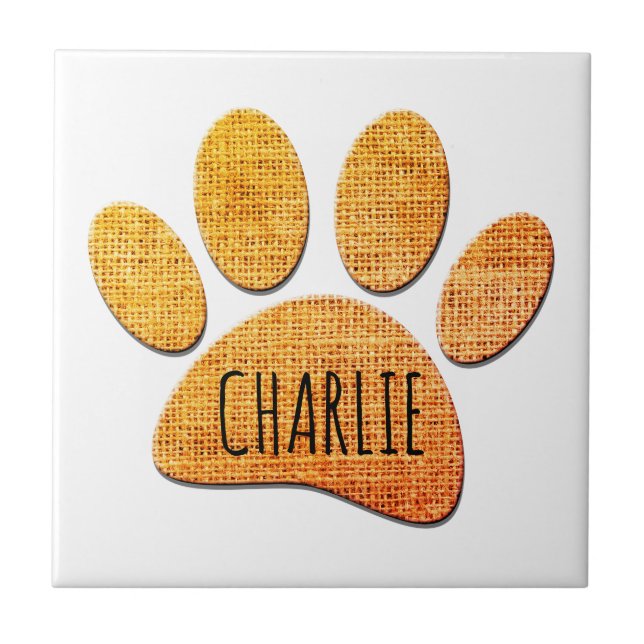 Dog Paw Burlap Aged Print Custom Name Tile (Front)