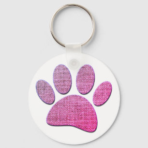 Dog Paw Burlap Print In Pink Keychain