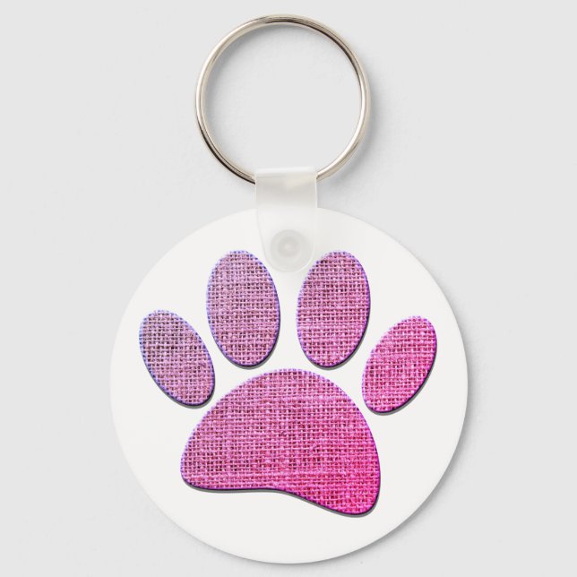 Dog Paw Burlap Print In Pink Keychain (Front)