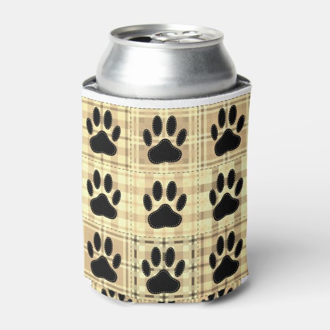 Dog Paw Cartoon Pattern Quilt In Sepia Can Cooler (Can Front)