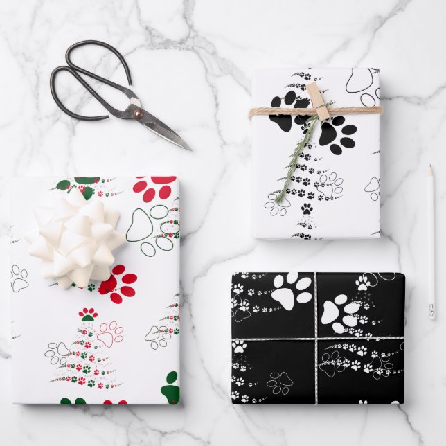 Dog Paw Christmas Tree Pattern Wrapping Paper Sheet (Front)