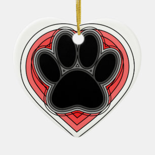 Dog Paw In Red Heart With Outlines Ceramic Ornament