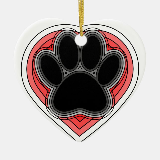 Dog Paw In Red Heart With Outlines Ceramic Ornament (Front)