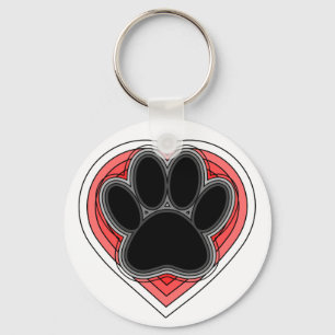 Dog Paw In Red Heart With Outlines Keychain
