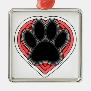 Dog Paw In Red Heart With Outlines Metal Ornament