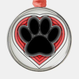 Dog Paw In Red Heart With Outlines Metal Ornament