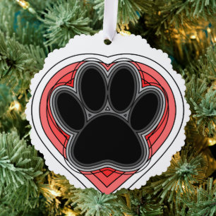 Dog Paw In Red Heart With Outlines Ornament Card