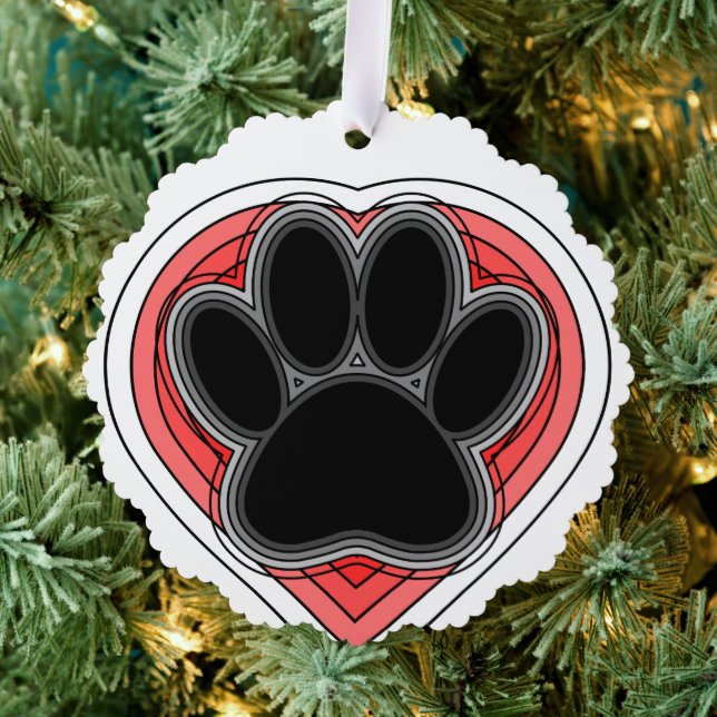 Dog Paw In Red Heart With Outlines Ornament Card (Insitu (Tree))