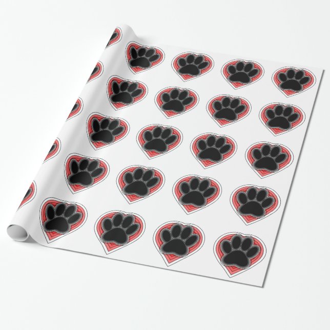 Dog Paw In Red Heart With Outlines Wrapping Paper (Unrolled)