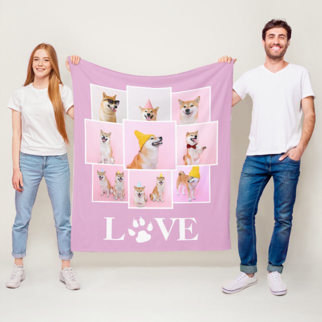 Dog Paw LOVE Personalized 9 Photo Collage Fleece Blanket (In Situ)