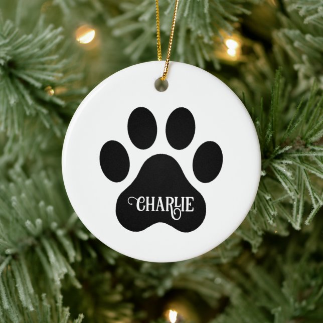 Dog Paw Name Silhouette Design Ceramic Ornament (Tree)