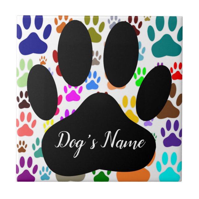 Dog Paw Pattern With Custom Name Ceramic Tile (Front)