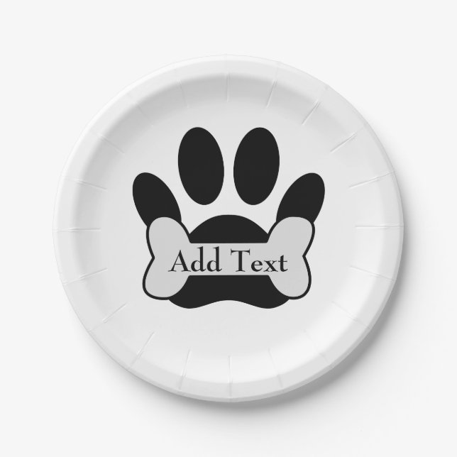 Dog Paw Print And Bone Custom Text Paper Plate (Front)
