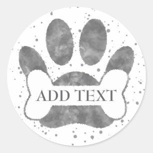 Dog Paw Print And Bone Gray Watercolor Custom Classic Round Sticker