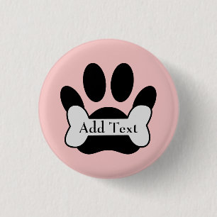 Dog Paw Print And Bone On Baby Pink 1 Inch Round Button