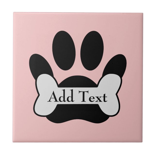 Dog Paw Print And Bone On Baby Pink Ceramic Tile (Front)
