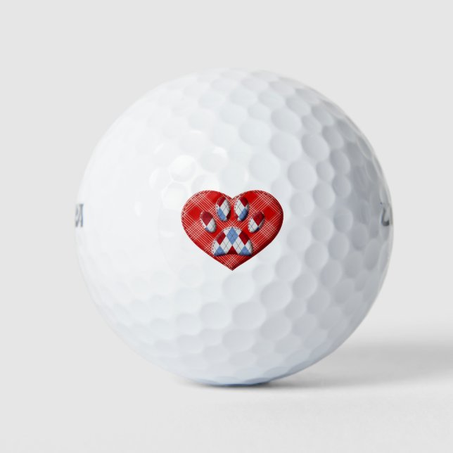 Dog Paw Print And Red Heart Drawing Golf Balls (Front)