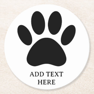 Dog Paw Print Art Black and White Custom Text Round Paper Coaster