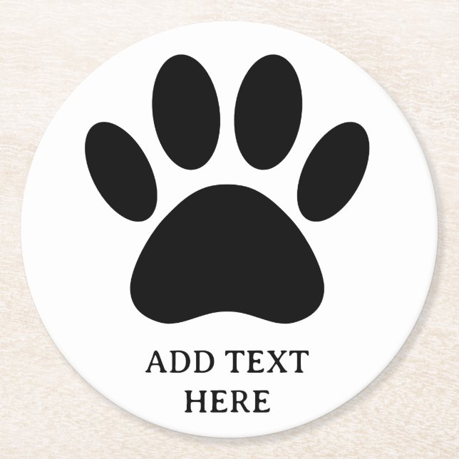 Dog Paw Print Art Black and White Custom Text Round Paper Coaster (Front)