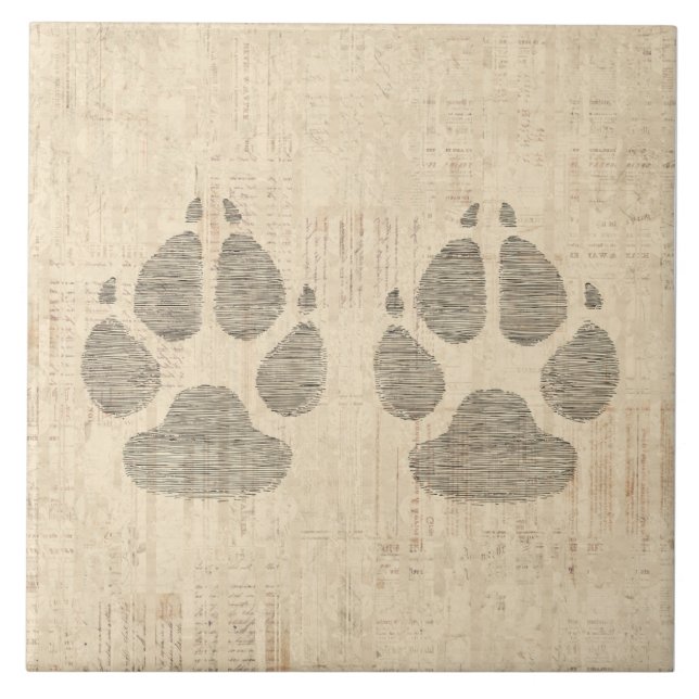 Dog Paw Print Art with Script Paper Background Tile (Front)