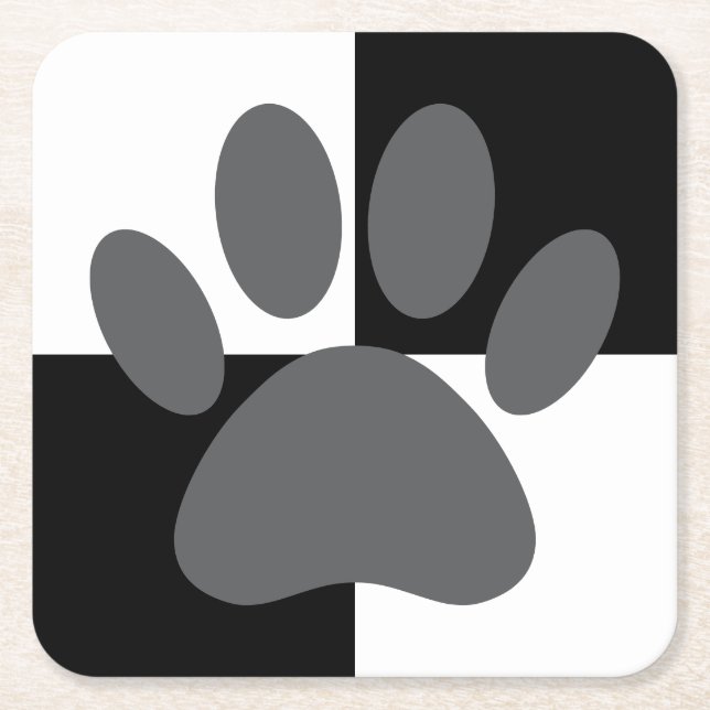 Dog Paw Print Black and White Custom Square Paper Coaster (Front)