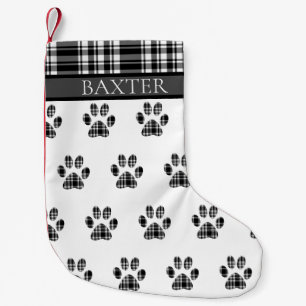 Dog Paw Print black and white Tartan Plaid Custom Small Christmas Stocking