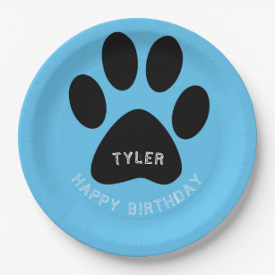 Dog Paw Print Blue Birthday Party Paper Plate