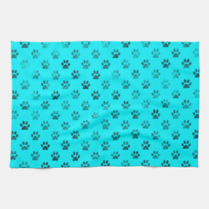 Dog Paw Print Blue Teal Aqua Background Metallic Kitchen Towel