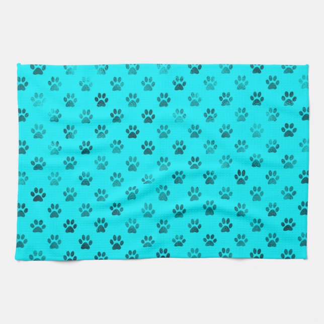 Dog Paw Print Blue Teal Aqua Background Metallic Kitchen Towel (Horizontal)