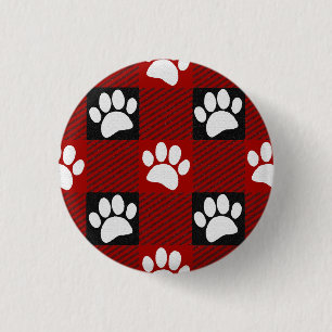 Dog Paw Print Buffalo Plaid In Black and Red 1 Inch Round Button