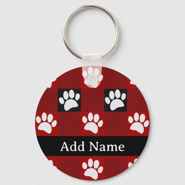 Dog Paw Print Buffalo Plaid In Black and Red Keychain (Front)