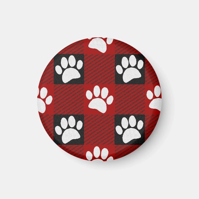 Dog Paw Print Buffalo Plaid In Black and Red Magnet (Front)